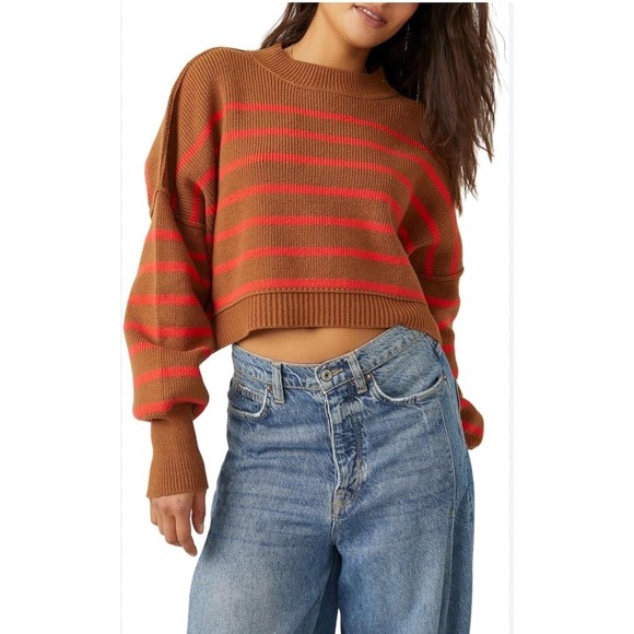 Free People Sweaters - Free People Brown Orange Striped Cropped Mock Neck Ribbed Sweater SP Boho‎ Chic
